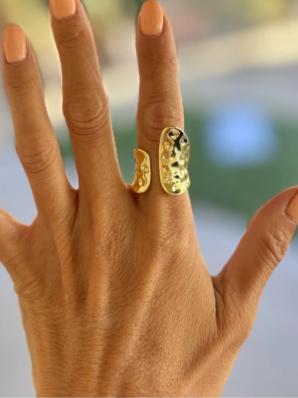 Gold Open Wrap Hammered Texture Statement Ring Adjustable